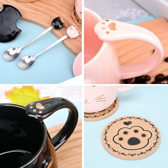 Pink Ceramic Coffee mug Cute Cat Handmade Tea Cups with Stainless Steel Spoon Ki - Picture 4 of 7